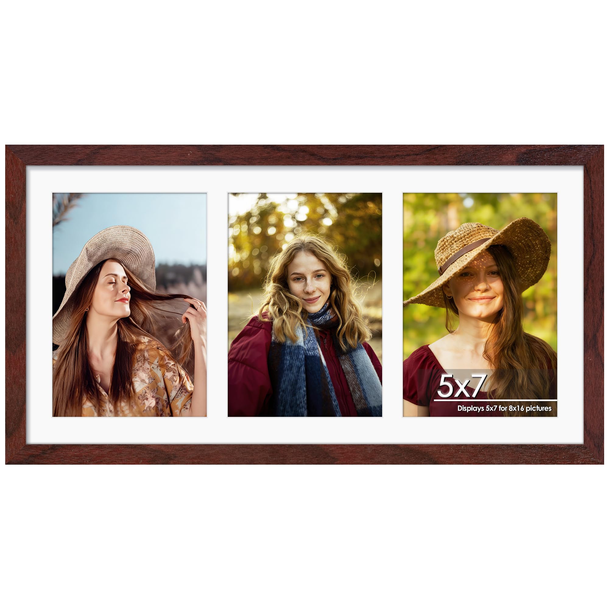 DUENPY 8x16 Collage Picture Frame 5x7 Collage Picture Frame Displays Three 5x7 inch Photos or 8x16 (Without Mat) for Available Horizontal Wall Mounting Display and Vertical Redwood