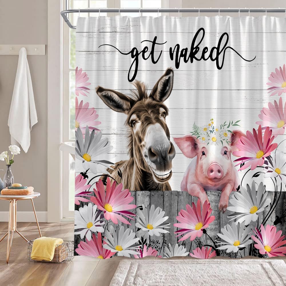GCTNBJL Farmhouse Highland Cow Pig Shower Curtain Blue Teal Rustic Floral Funny Farm Animal Longhorn Pig Vintage Western Country Bathroom Decor Fabric Curtain with Hooks