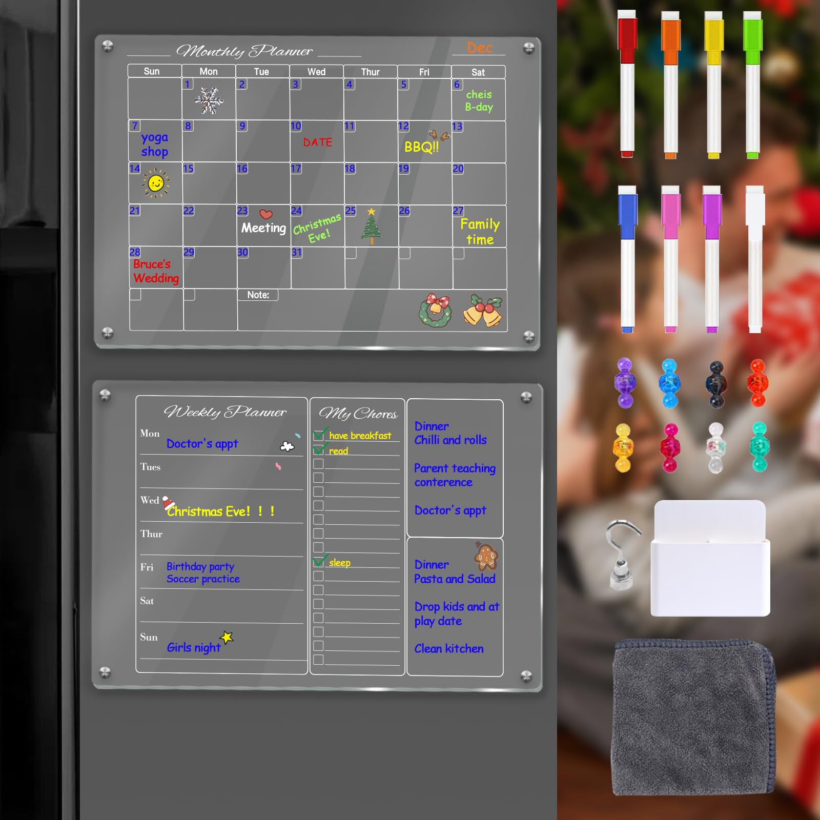 Photo 1 of Acrylic Magnetic Calendar for Fridge, 2pcs Clear Refrigerator Calendar Dry Erase Board, Reusable Magnetic Refrigerator Planner, Includes 8 Dry Erase Markers, Magnetic Pen Holder,Board Eraser,Towel