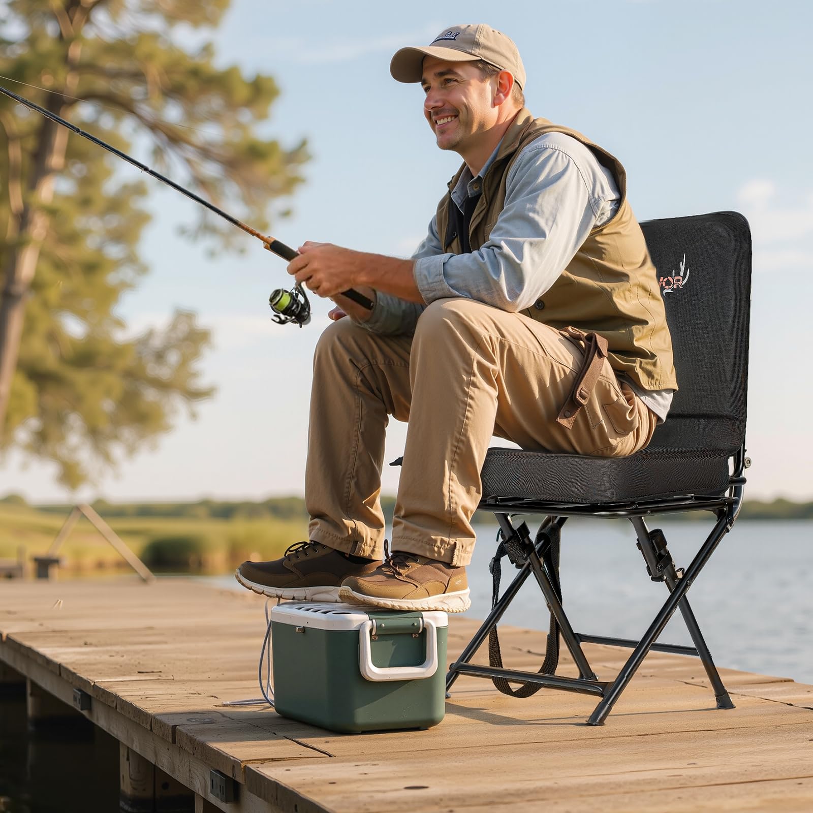 VEVOR Chaise de Chasse Pivotante à 360°, Siège de Chasse Pliable, Portable et Silencieux, Cadre en Acier Robuste avec Bandoulière Réglable, Capacité de Charge de 136 kg, pour Pêche et Camping