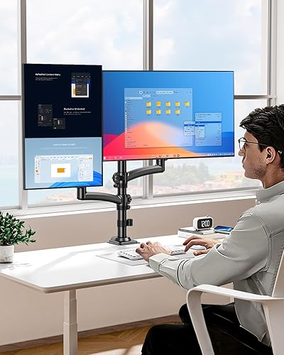 Miniatura 3 de Soporte de monitor doble para escritorio, brazos de monitor más altos para 2 pantallas de hasta 32 pulgadas, soporte ergonómico ajustable para