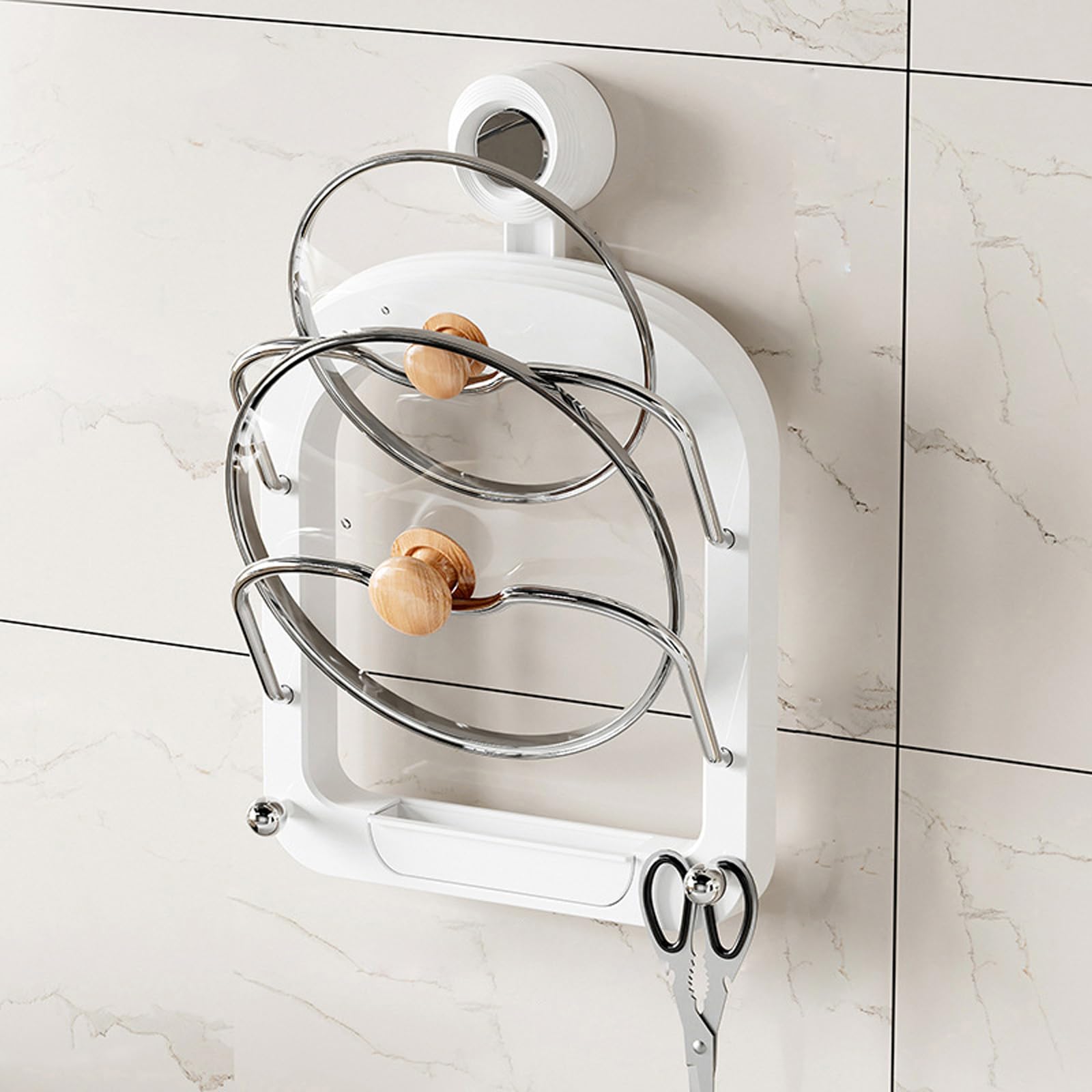 Hanging Pot Lid Holder for Cabinet, Hanging Pot Lid Rack, Pot Lid Organizer, Suction Cup Wall Mounted Pot Lid Holder, Pot Lid Organizer Rack, No Drilling Pot Lid Rack for Kitchen Organizer (White)
