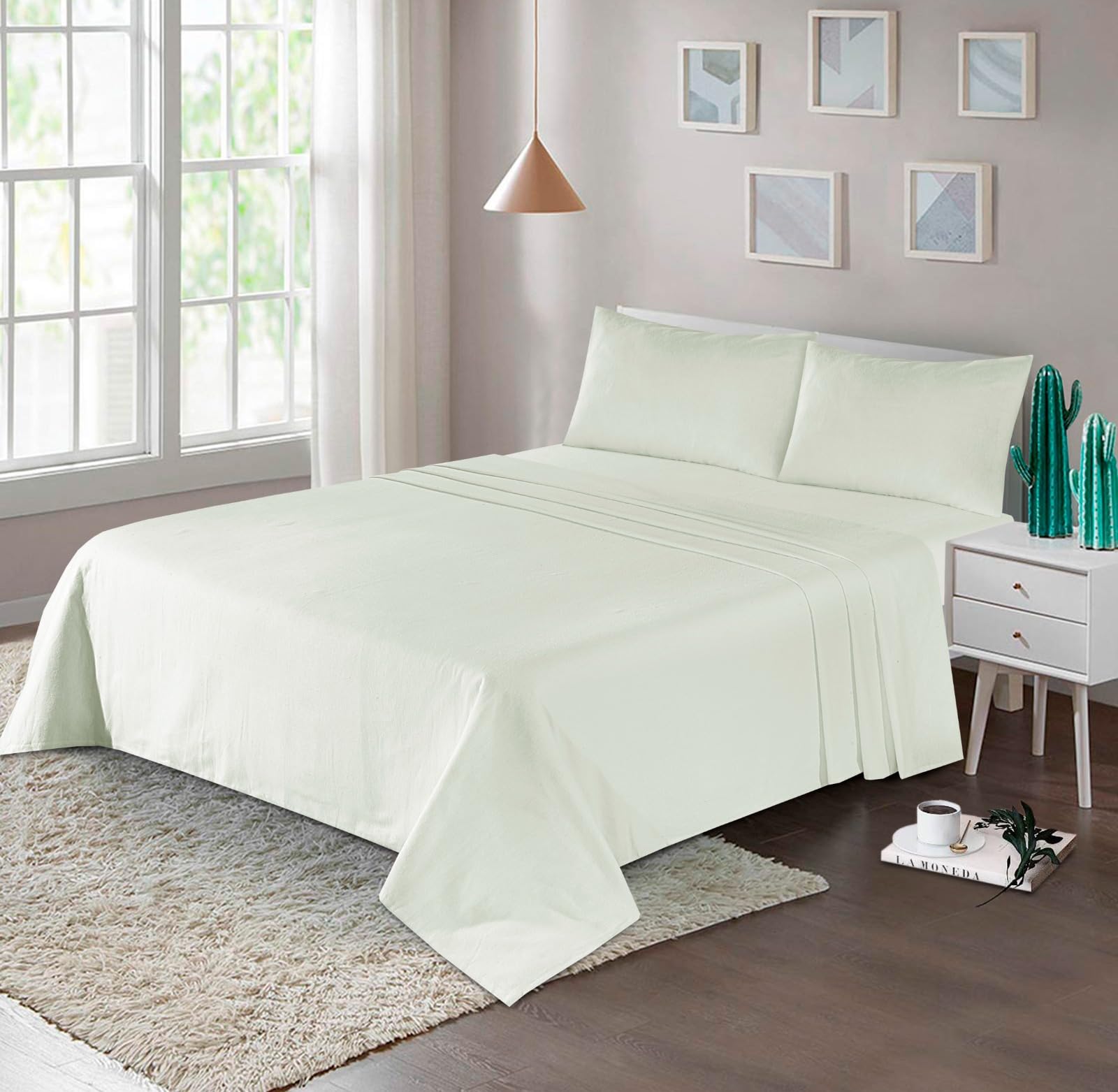 100% Brushed Cotton Flannelette Fitted Sheet – Extra Deep 32cm Flat Sheet & Pillowcases Soft Warm Winter Bedding | Single, Double, King, Super King | Multiple Colours (Lemon, Double-Flat)