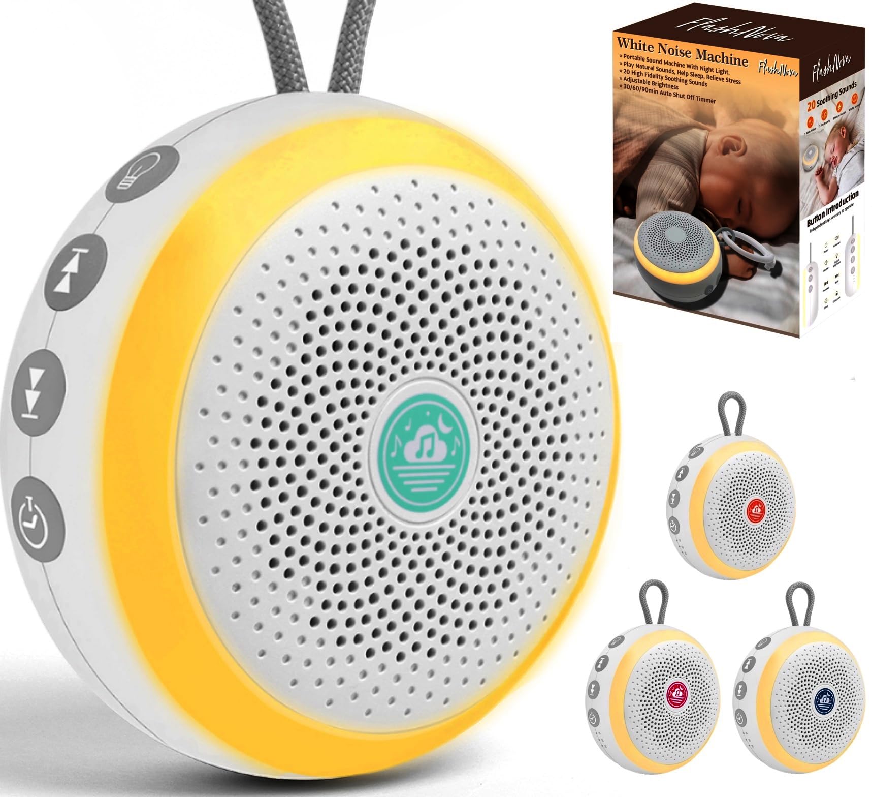 FlashNova Sound Machine with Night Light – White Noise Machine | USB Rechargeable, 20 Calming Tracks, Lullabies & Rain Sounds | Music Box for Newborns