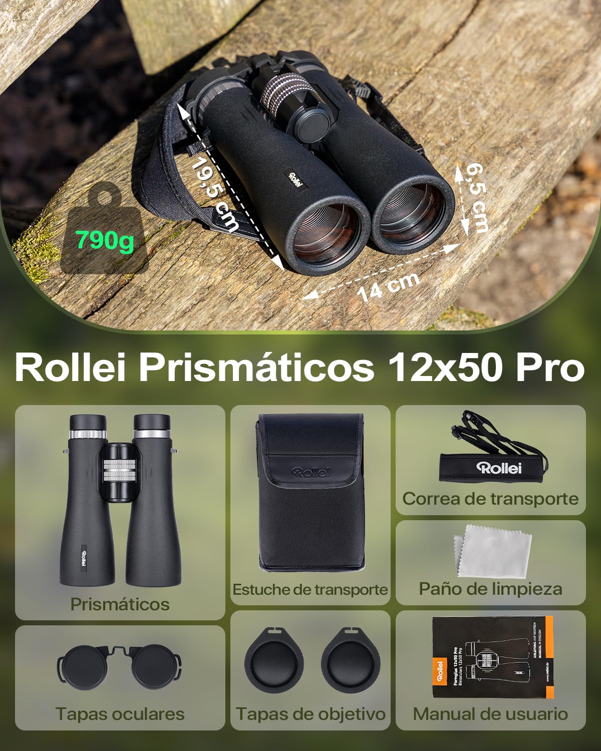 Rollei Prismaticos Profesionales Largo Alcance 12x50 Binoculares Adultos | Prismáticos con Aumento de 12x y Lentes FMC Resistente IPX6 Binoculars para Observación de Aves Caza Senderismo y Sightseeing