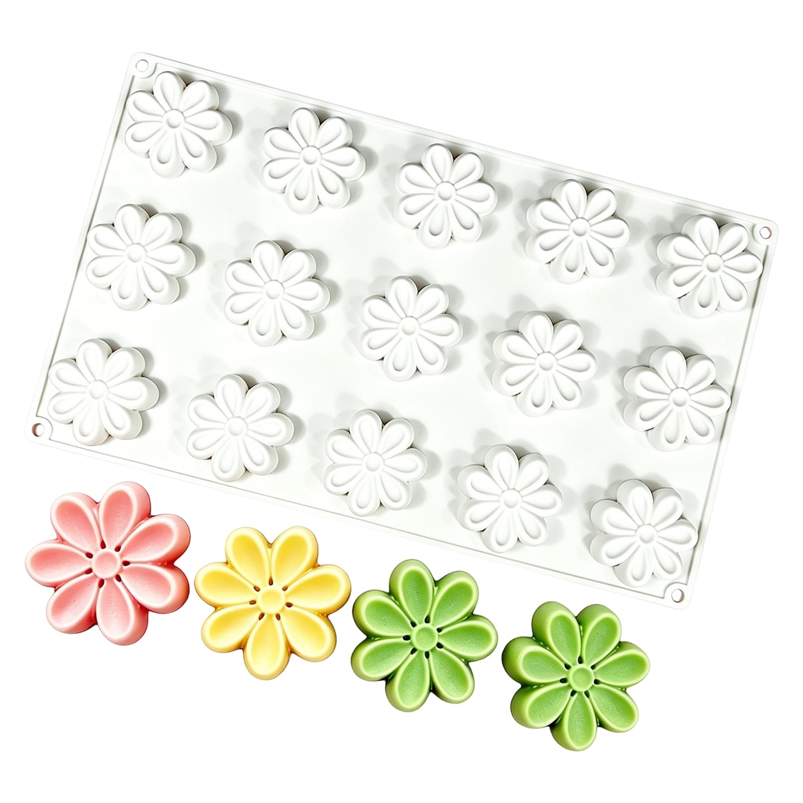 PANGBOER Silicone Baking Tray for Small Desserts, 15 Flower Cavities in a White Chocolate Mold, 29.5 X 17.5cm for Home Dessert Projects and Candy Making
