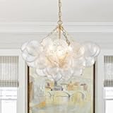 SM Saint Mossi 24” Bubble Ball Chandelier for Dining Room, Nordic Modern Dining Room Lighting Fixture, 5-Light Large Globe Pendant Light, Clear Glass Ball with Gold Frame, Living Room, Entryway