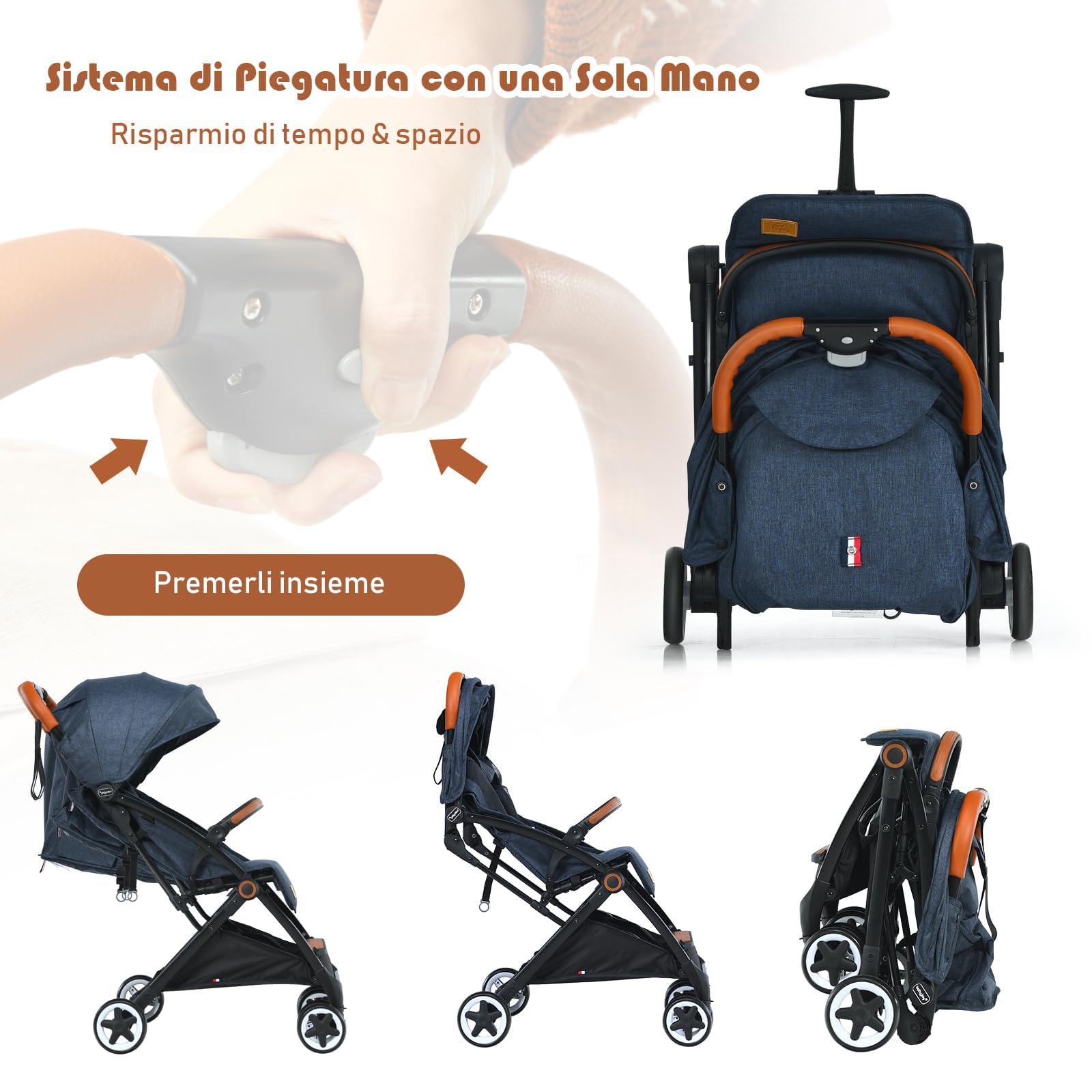 RELAX4LIFE Passeggino Leggero per Bambole 0-3 Anni, Passeggino Pieghevole con Una Mano, Telaio in Alluminio, Schienale Regolabile, Passeggino da Viaggio con Zanzariera e Cinture 5punti (Blu scuro)
