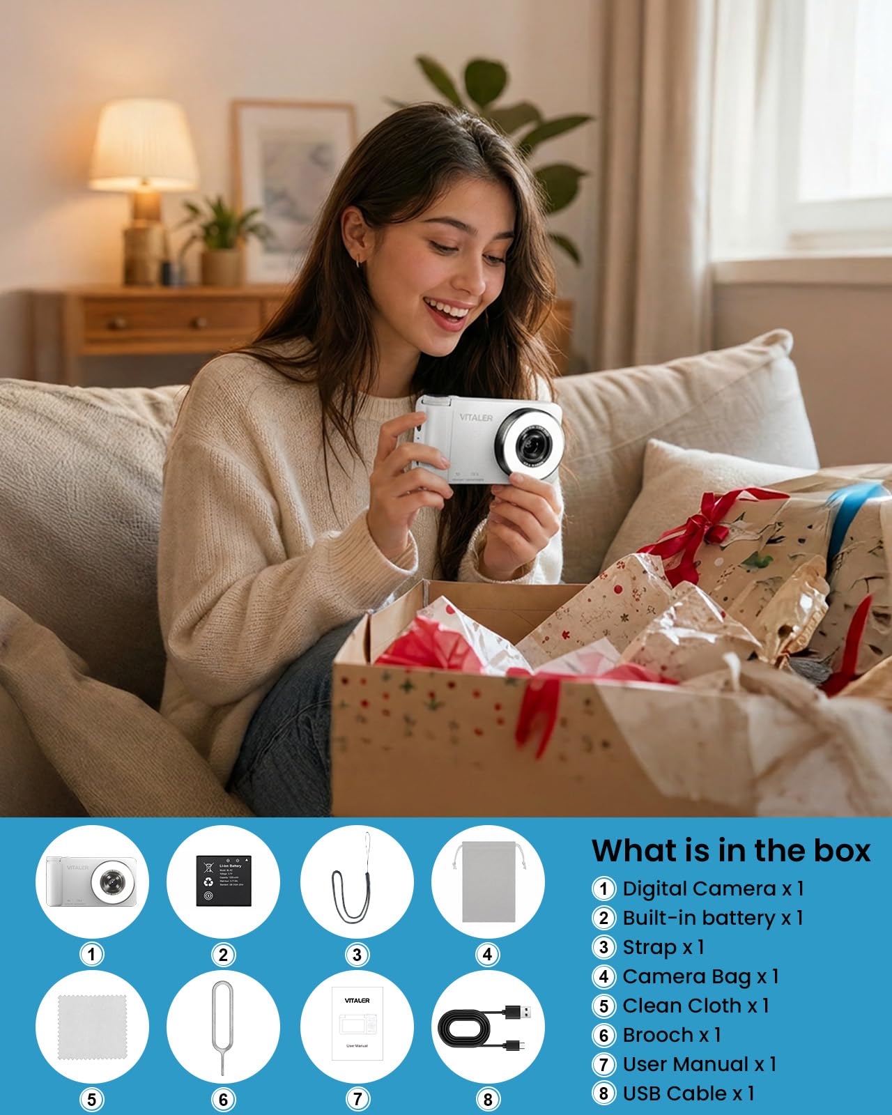 Cámara digital 5K para fotografía con luz de relleno, pantalla abatible de 180° de 3 pulgadas, cámara de vlogging de 75 MP para video de YouTube, zoom de 18X, cámaras compactas para apuntar y