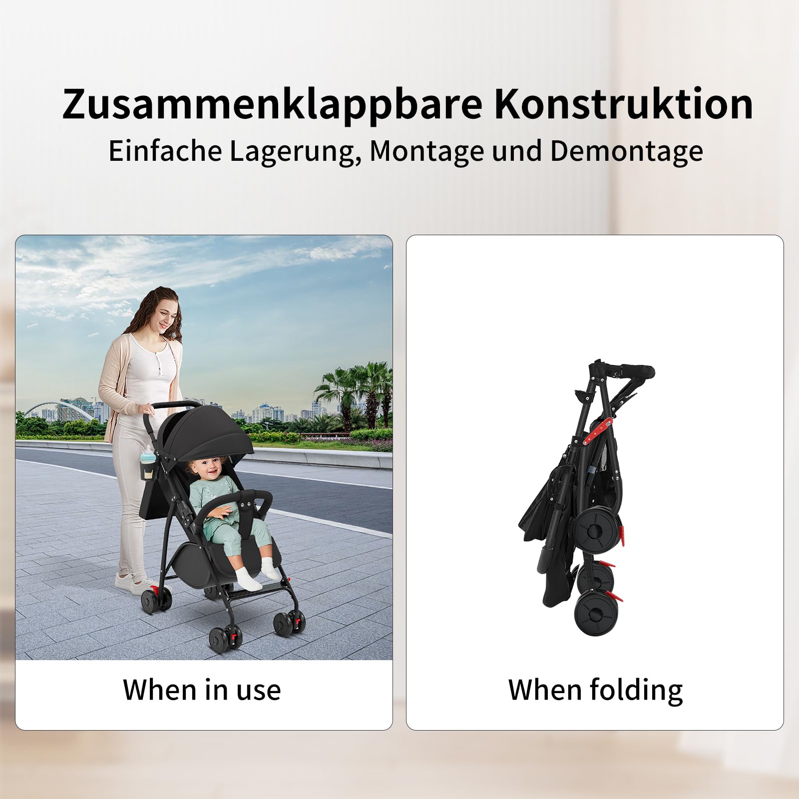 OHMG Kinderwagen Premium Kinderbuggy klappbar Liegebuggy Sportwagen Faltbar 360°Räder 5-Punkt Gurt Inkl. Getränkehalter, verstellbare Rückenlehne & Sonnenverdeck,Moskitonetz,Buggy (C-Noir)