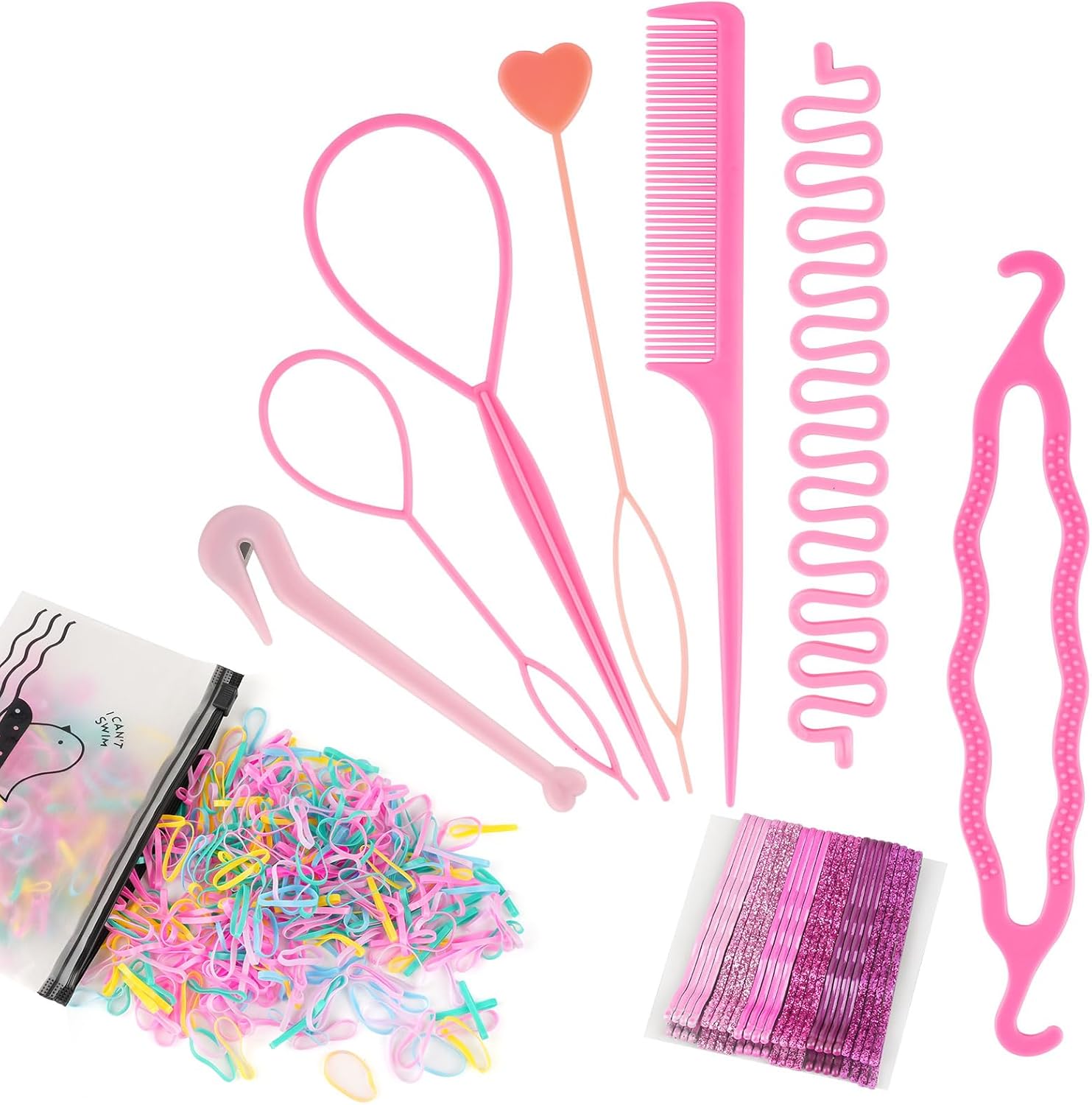 Tail Hair Tools, Hair Loop Pull Through Tools, Hair Braiding Tools with Hair Elastics Hair Plaiting Rat Tail Comb Bands Remover and Hairpin, Hair Updo for Girls Women French Hair Styling (Pink)