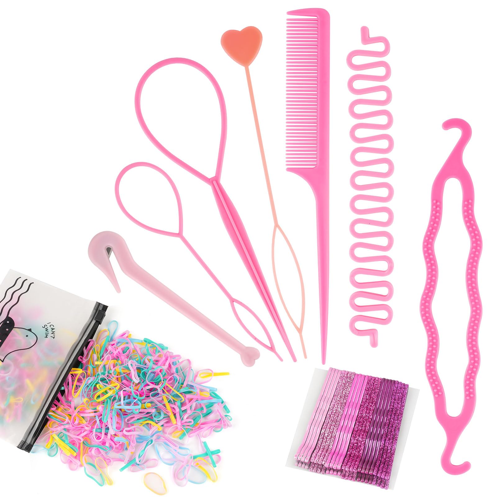 Tail Hair Tools, Hair Loop Pull Through Tools, Hair Braiding Tools with Hair Elastics Hair Plaiting Rat Tail Comb Bands Remover and Hairpin, Hair Updo for Girls Women French Hair Styling