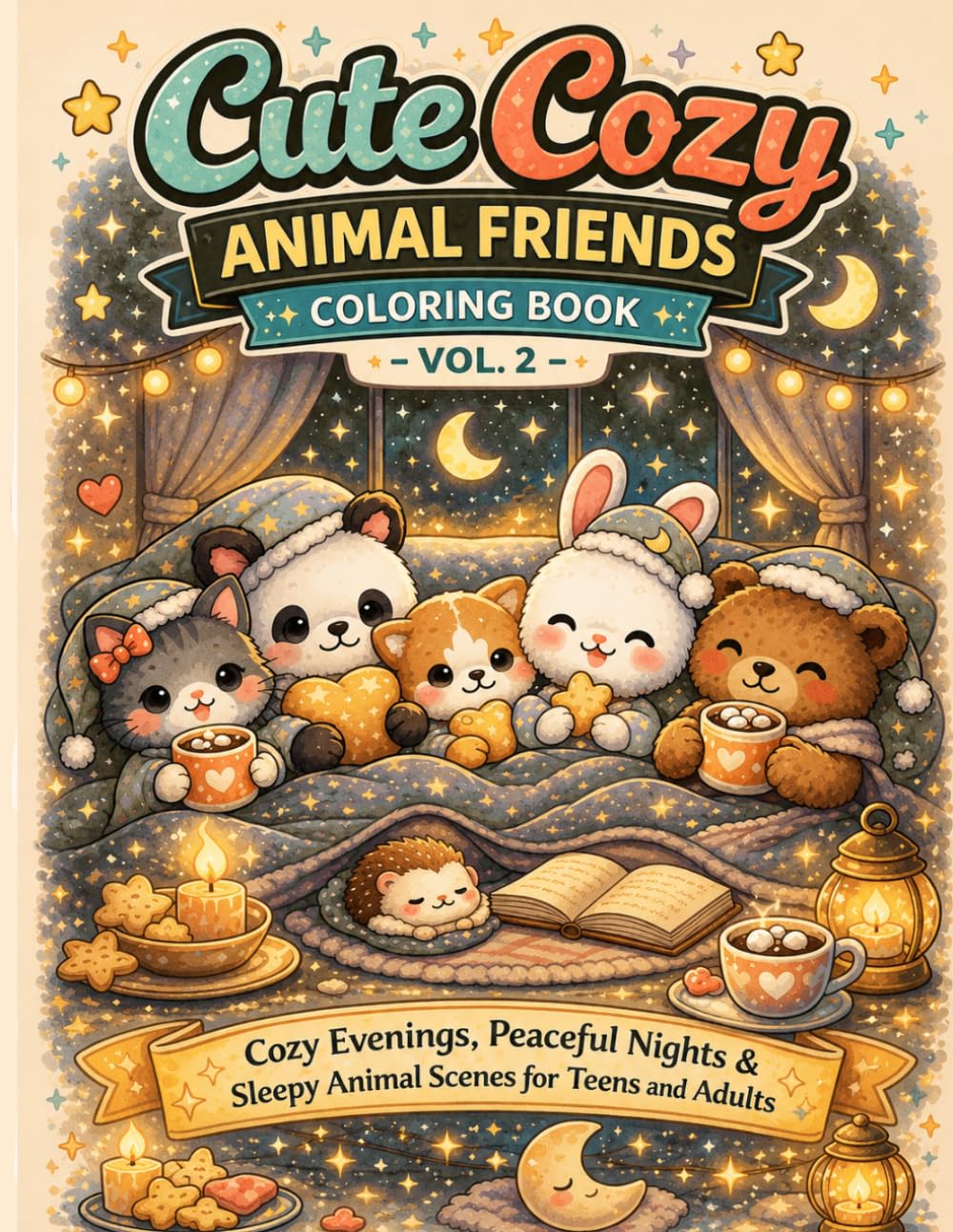 Cute Cozy Animal Friends Coloring Book for Adults and Teens – Vol. 2: Sleepy Night Scenes for Relaxation & Stress Relief