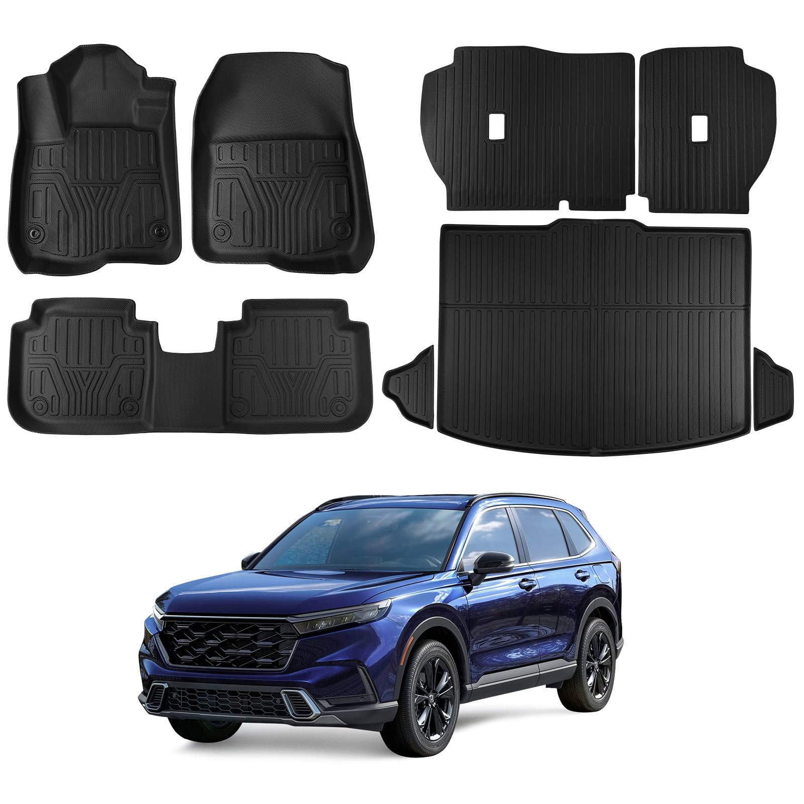 Ecarzo Floor Mats for 2023 2024 CRV Accessories All-Weather Front Rear Cargo Liner Full Set Heavy Duty Trunk Protection Backrest Mats 8 PCS (5-Seater)