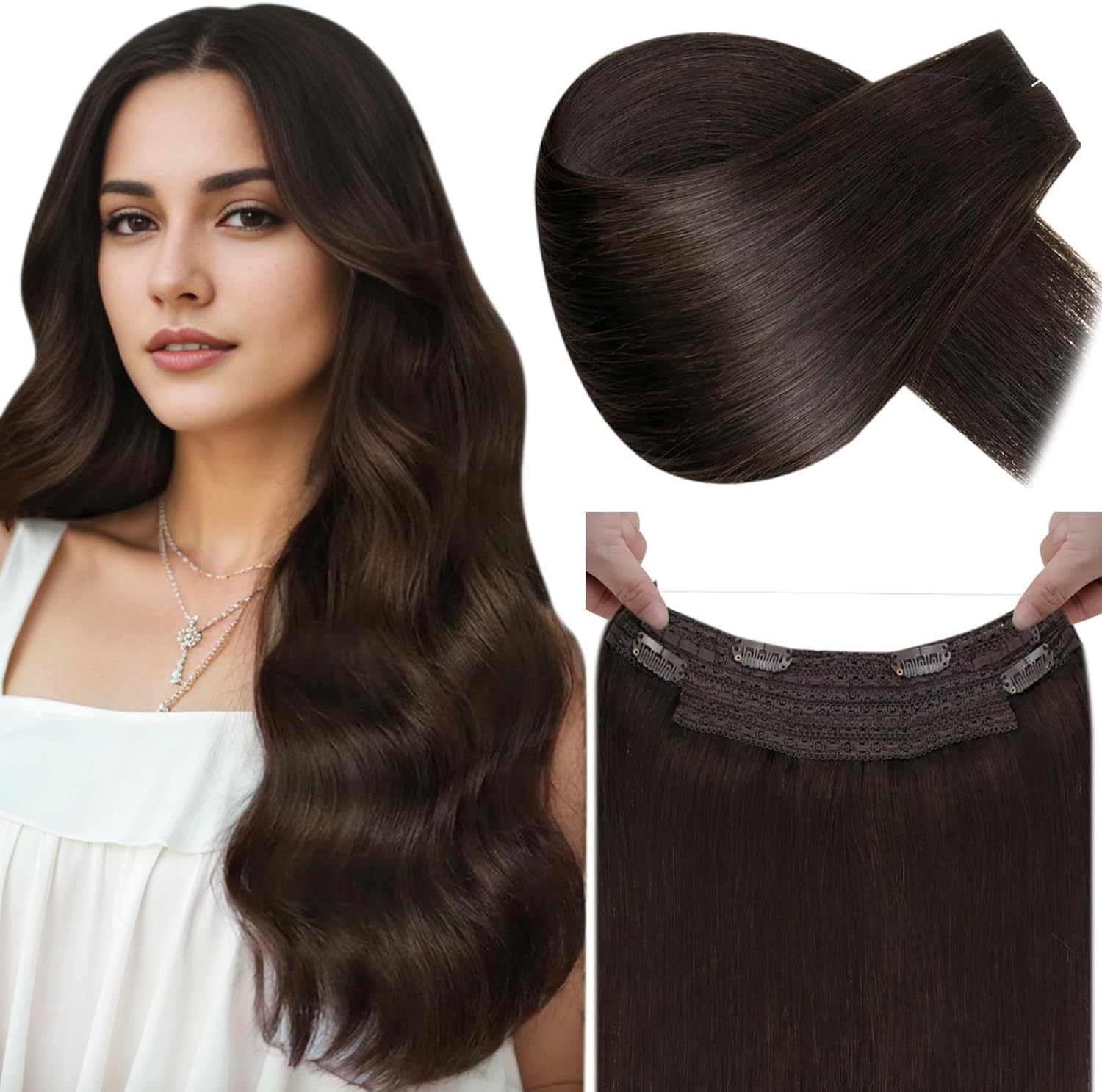 LaaVoo Human Hair Extensions Darkest Brown Real Remy Hair Invisible Wire Undetectable 100% Real Straight Hair Extensions Long-Lasting 80g 12 Inch #2