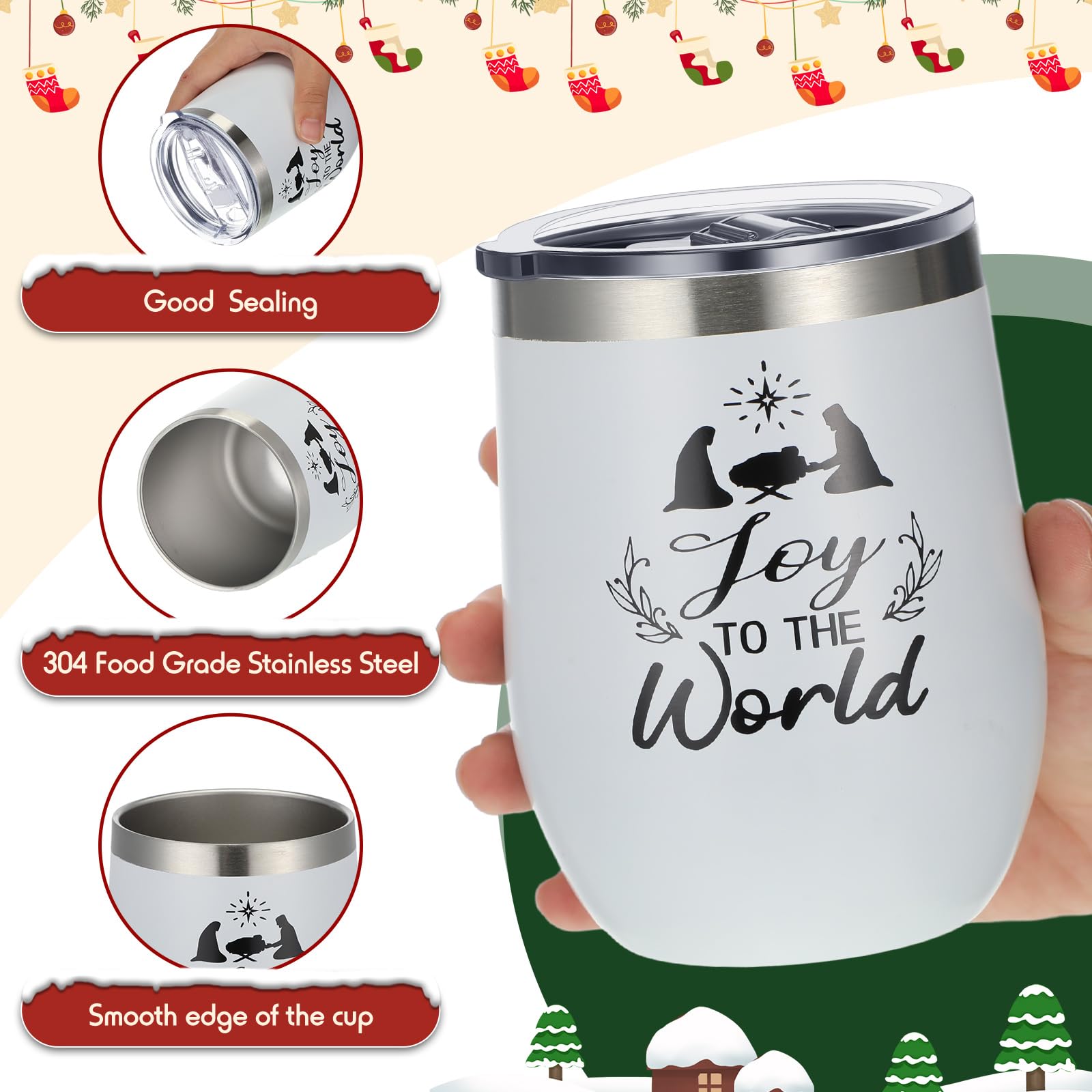 Gejoy Lot de 6 verres à vin de Noël avec couvercle - En acier inoxydable - Motif sapin de Noël - Tasse à café de voyage - Cadeau de vacances pour fête de Noël, mariage, 6 motifs - Crèche de Noël