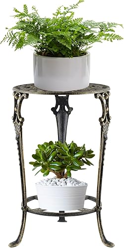 MDLUU Soporte para plantas en maceta de hierro fundido de 18.8 pulgadas de alto, estante para macetas de 2 niveles, soporte resistente para macetas