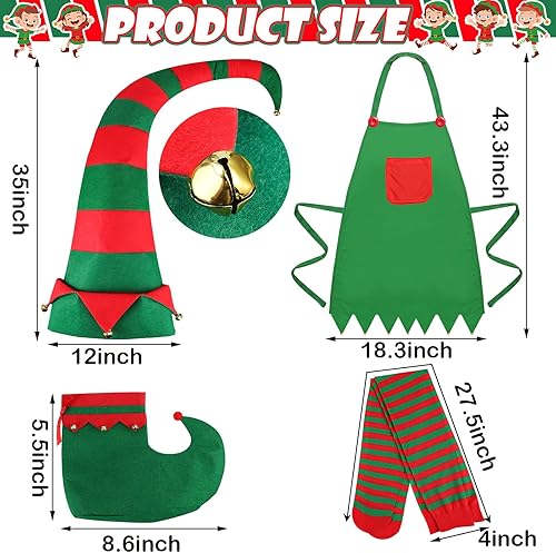 Miniatura 2 de Juego de 4 piezas de disfraz de elfo para mujer, accesorios de Navidad, incluye delantales de elfo, sombrero de fieltro extra largo con campana,