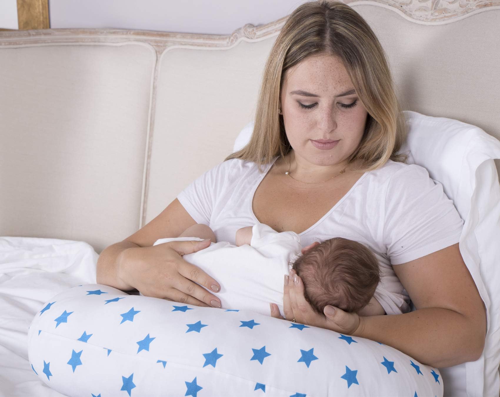 'Nursing Pillow' Widgey 5-in-1 Multi-Function Breastfeeding and Pregnancy Pillow - Cotton Maternity Cushion - Blue Star