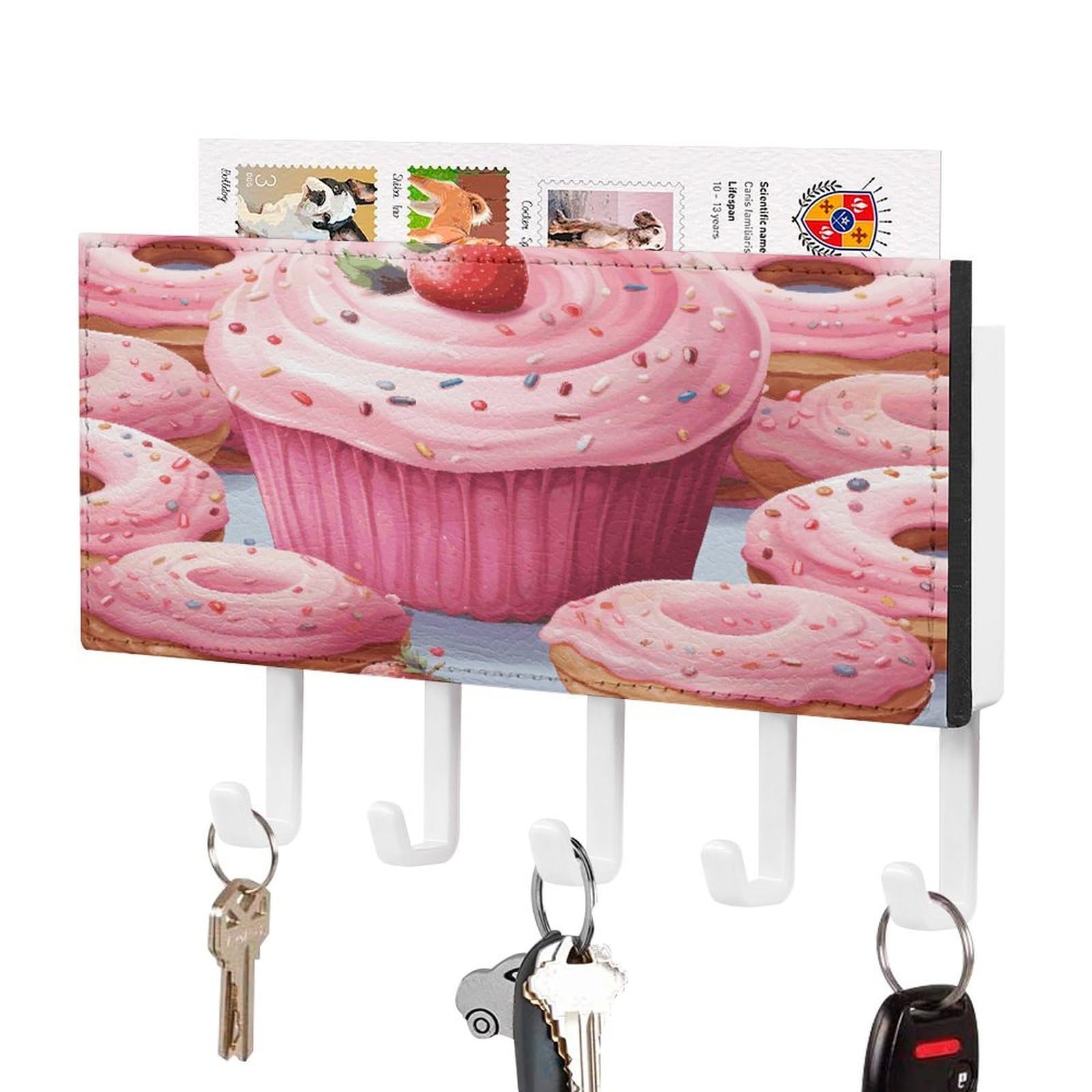 FekiLoot Pink Donut and Cupcake Key Holder for Wall Decorative Mail Organizer with 5 Key Hook Self Adhesive Key Rack with Tray Coat Rack Wall Mount Key Hanger Decor for Entryway Door