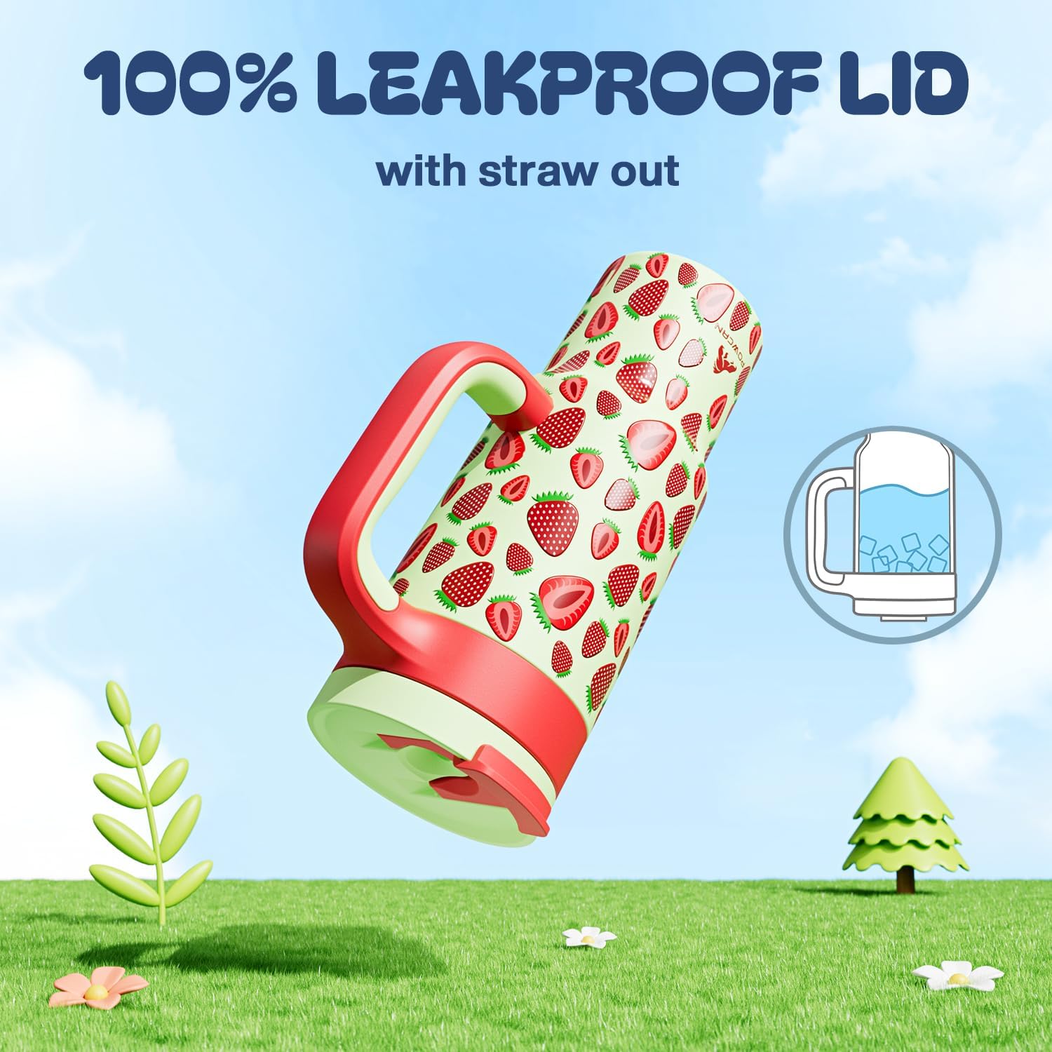 24 oz Metal Tumbler Cup for Girls: Easy Grip Handle, Leak-Proof when Sealed, Easy to Clean, Double Wall Vacuum Cup for Home, School, Daycare, Party, Picnic, Hiking, Travel, Gift (Strawberry Pop) - Image 3