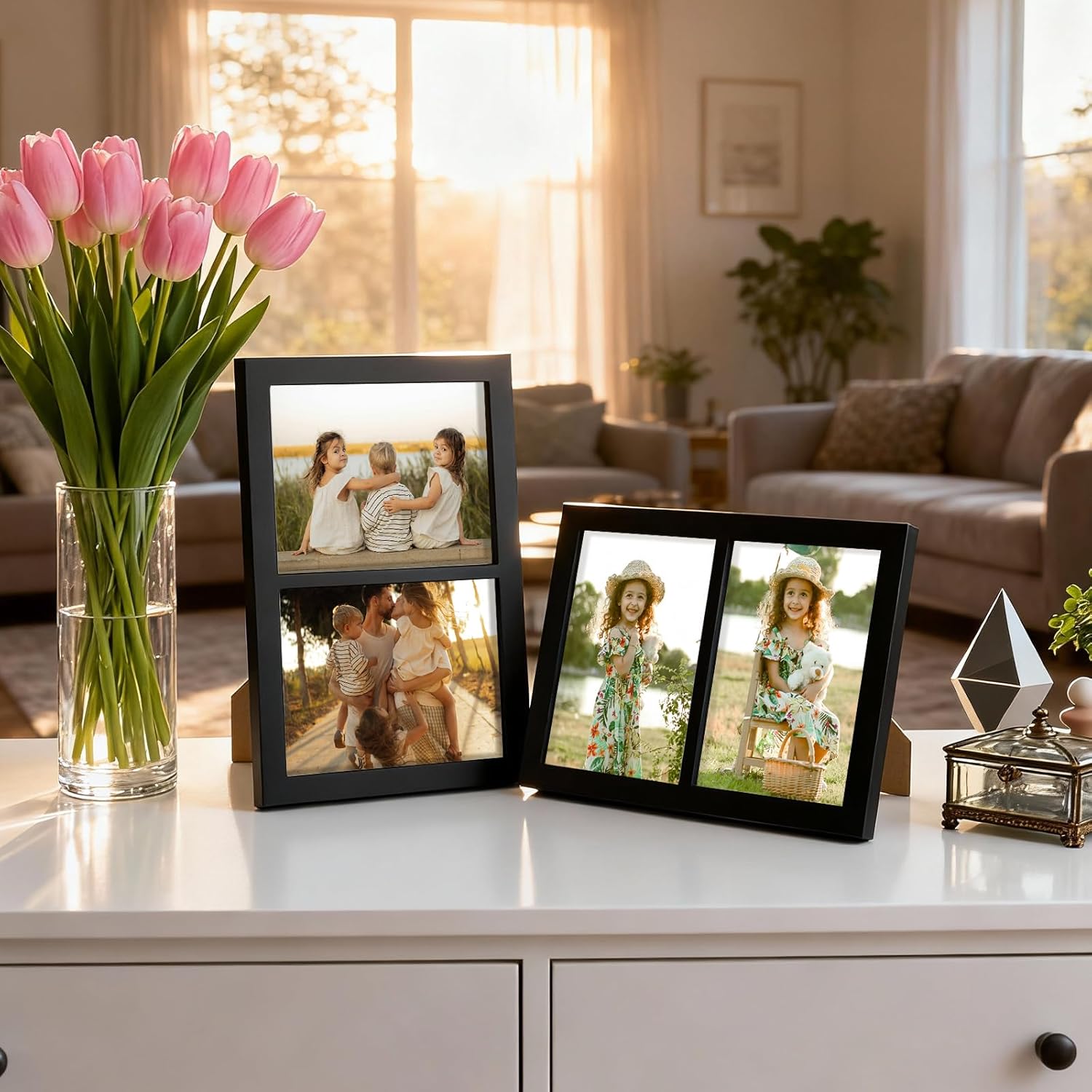 Golden State Art, 6x8 Double Picture Frame, Display Two 6x8 Photos - Solid Wood - Real Glass for Tabletop Or Wall Mounting (Black, 1 Pack)