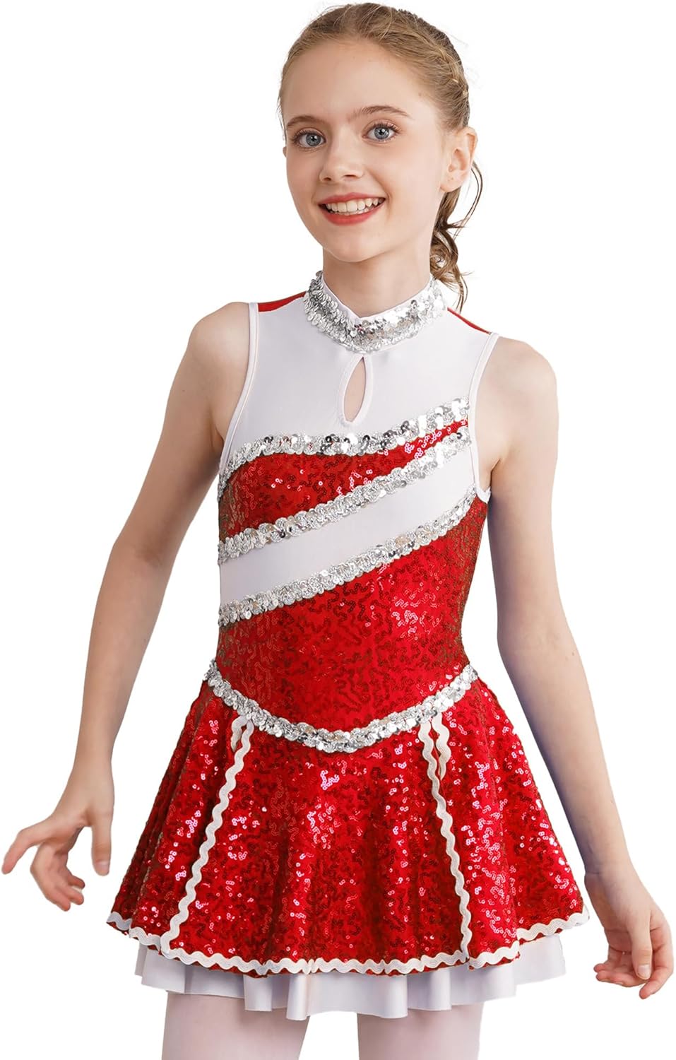 JEATHA Kids Girls Sparkly Sequins Cheerleading Dance Dress Sleeveless Mock Neck Figure Skating Leotard Dress