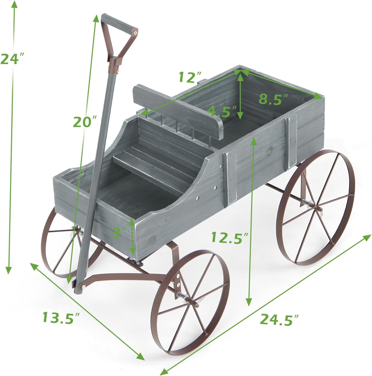 DORTALA Wood Wagon Planter, Outdoor Garden Flower Planter Cart with Wheels, Small Decorative Wood Raised Bed Plant Pot Box Stand for Backyard, Patio, Balcony, Grey