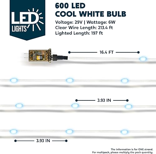 Miniatura 5 de Joiedomi 600 luces LED de Navidad para exteriores, luces blancas frías de árbol de Navidad de 197 pies con 8 modos de temporizador, cadena de luces