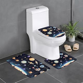 Saturn Jupiter Earth Patterned Bathroom Floor mats 3-Piece Set, Easy to Clean Carpet, Suitable for Bathroom, Dressing Table, Toilet