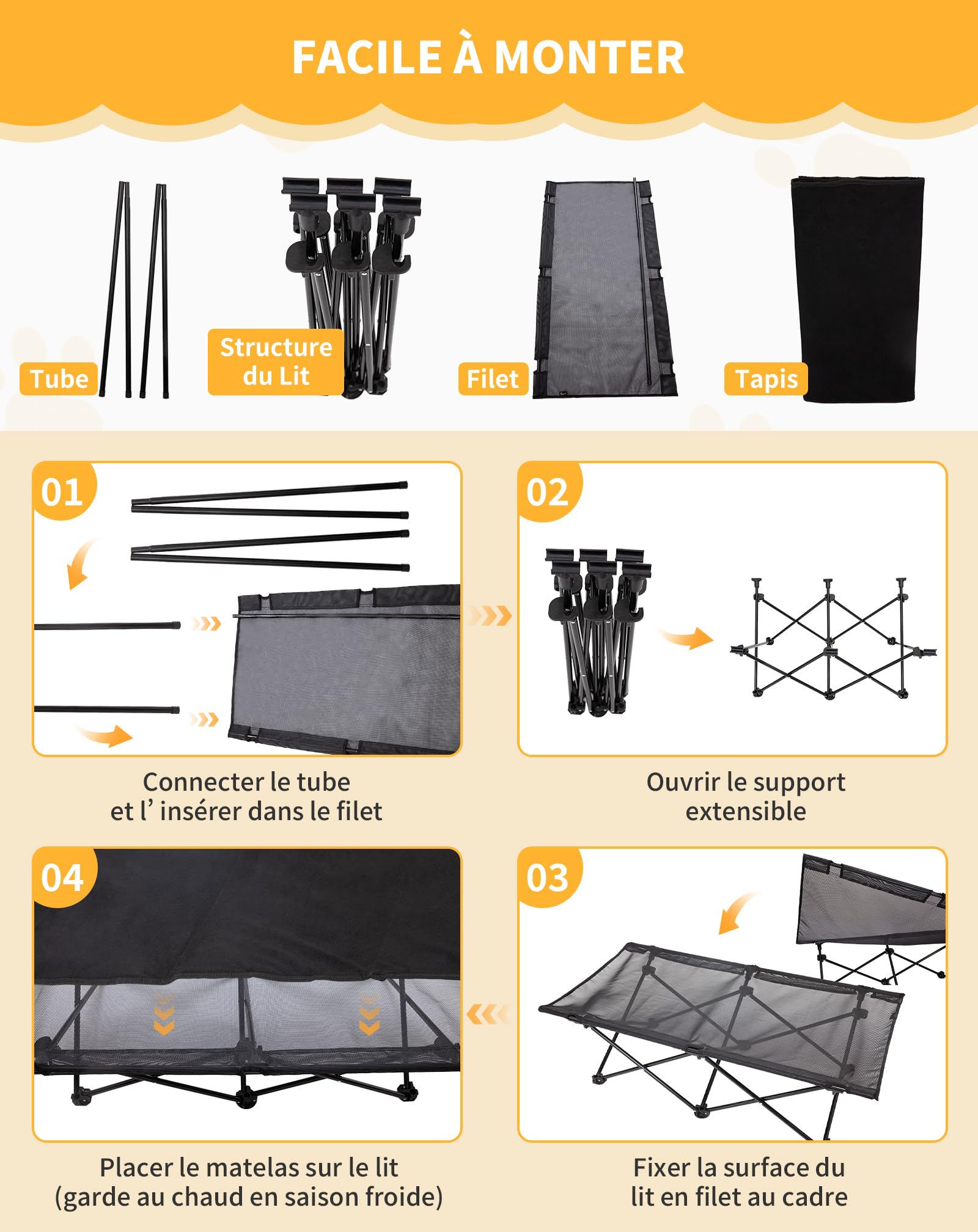 KingCamp Lit Surélevé Pliable pour Grand Chien, Taille L, jusqu'à 70 kg | Lit pour Chien avec Maille Respirante,Tapis d'Hiver, Surélevé 30cm, Cadre en Acier Q195, pour Intérieur&Extérieur