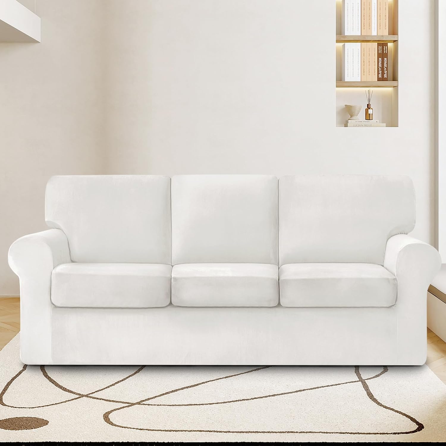 vctops 7 Pieces Velvet Stretch Sofa Cover for 3 Seater Couch Soft Washable Sofa Slipcover with Individual Backrest and Cushion Covers for Kids Cats Dogs (White,3 Seat)
