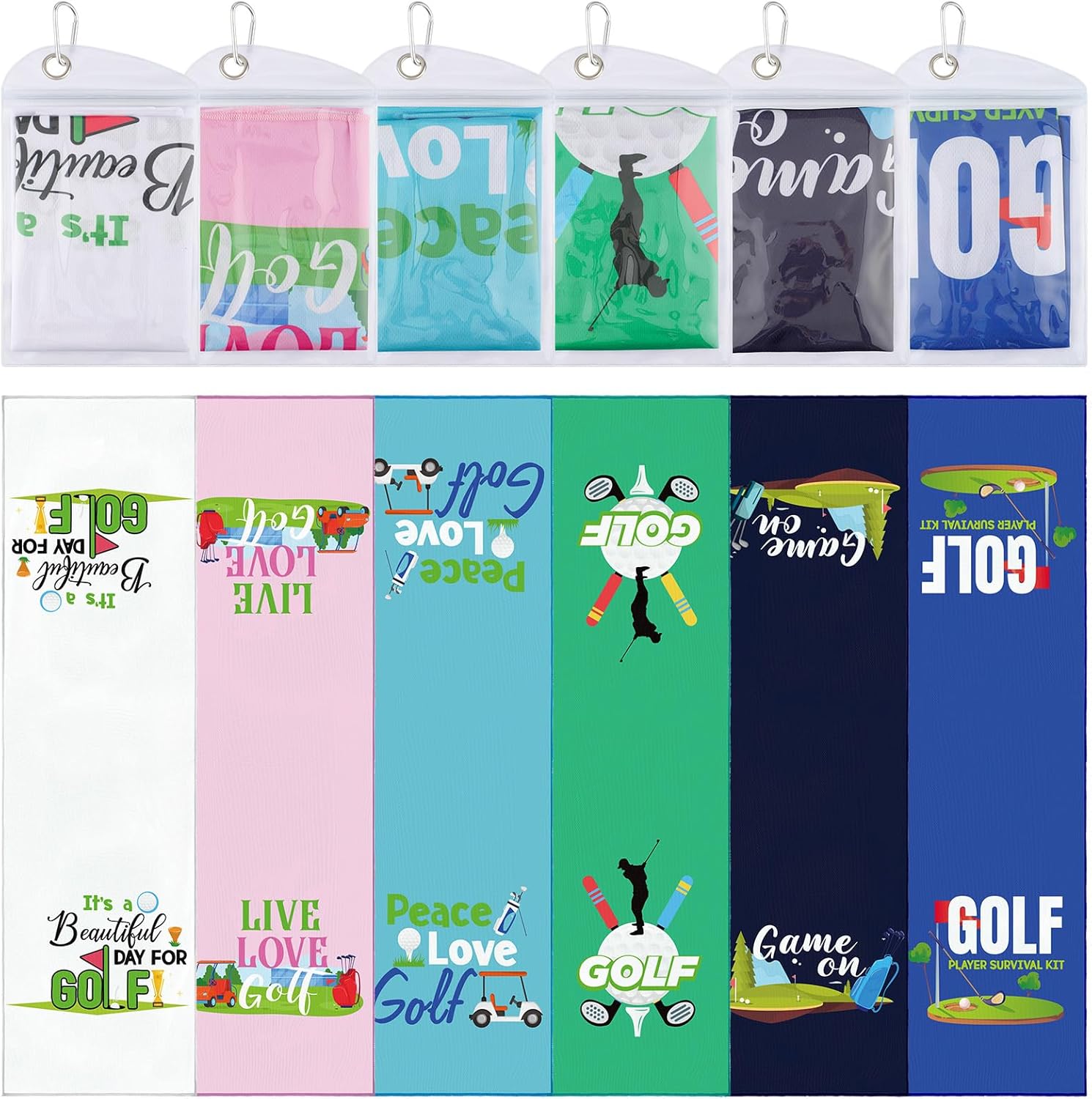 Fanfanwin 12 Pack Golf Cooling Towels Bulk 40 x 12 Inch Funny Microfiber Golf Towels with Bags Breathable Chilly Sports Accessories for Men Women Sports Lovers Team Coach Gift