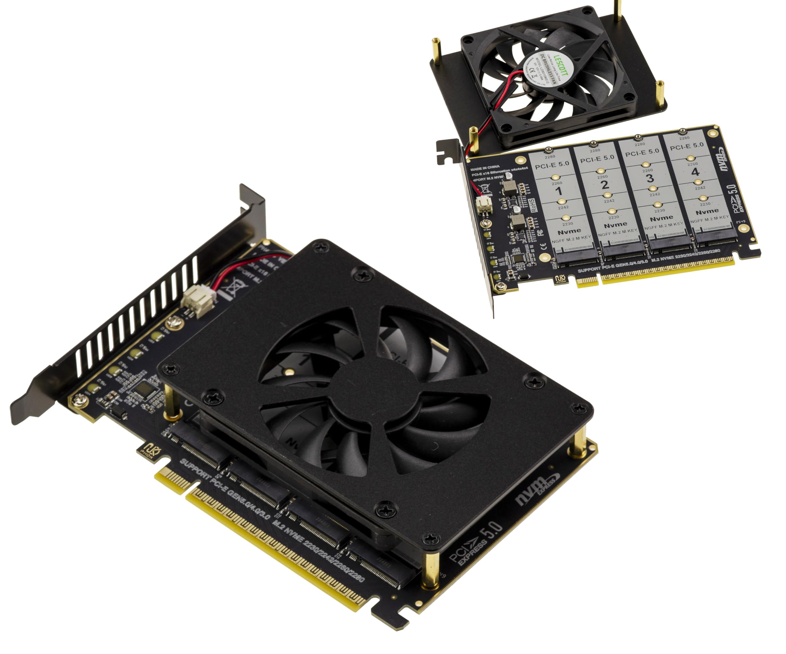 KALEA-INFORMATIQUE PCIe 5.0 x16 to 4 SSD M.2 NVMe M-Key Adapter Card with Ventilation. for Motherboard with Bifurcation Support