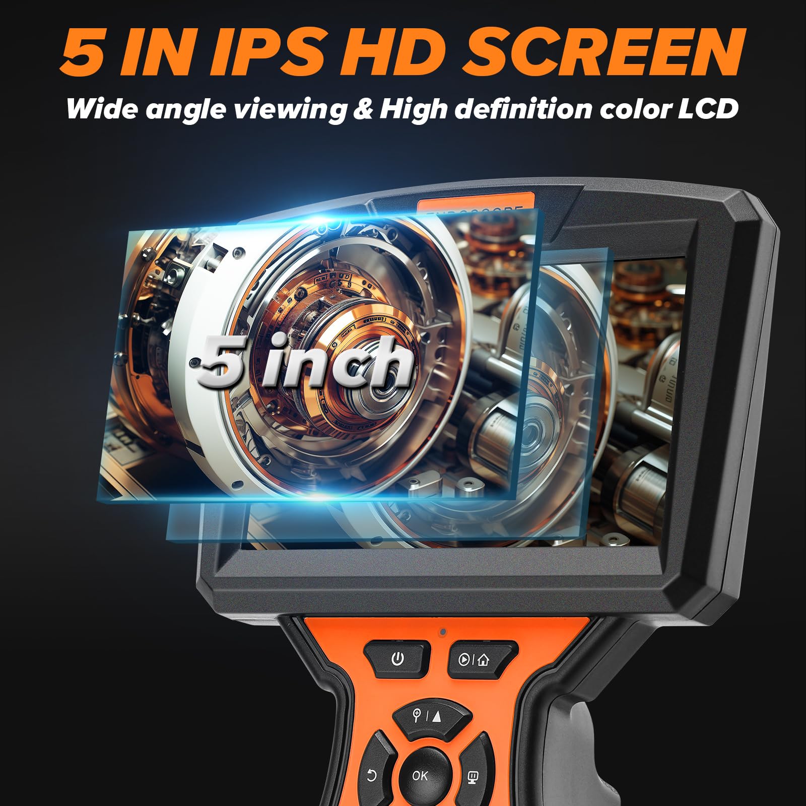 WADEO endoscopio cámara con luz 10m, Pantalla IPS de 5 Pulgadas Tres Lentes endoscopio, IT67 Impermeable cámara de Tubo, 8mm Serpiente cámara, 1920P HD cámara de inspección, 32GB (Cable Desmontable)