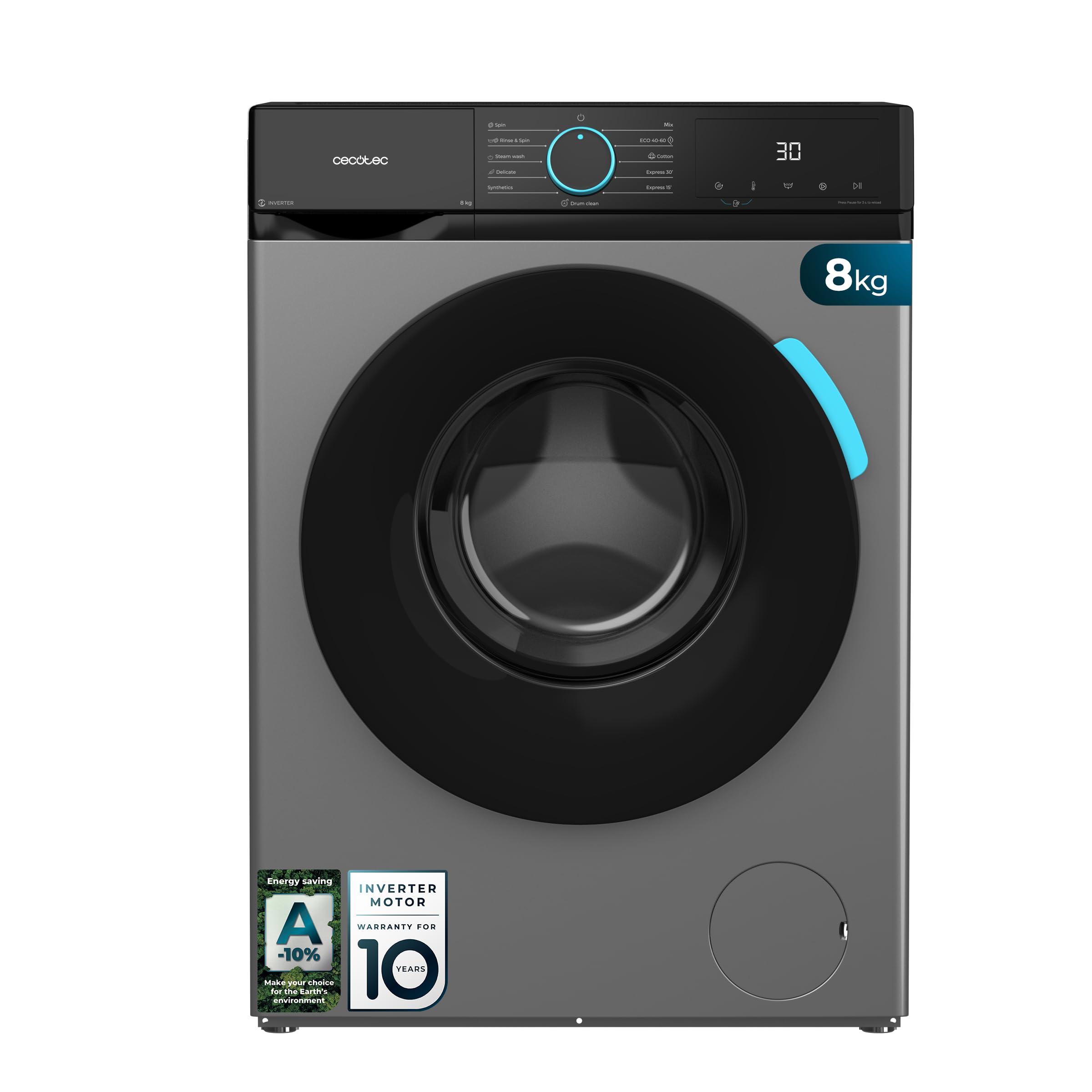 Cecotec Lavadora 8Kg Carga Frontal Bolero DressCode 8160 Inverter Steel | 1200rpm, 11 Programas, Clase A-20%, Bajo Consumo, Motor Inverter Plus, Steam Max, Drum Clean, Programa Rápido, Display LED