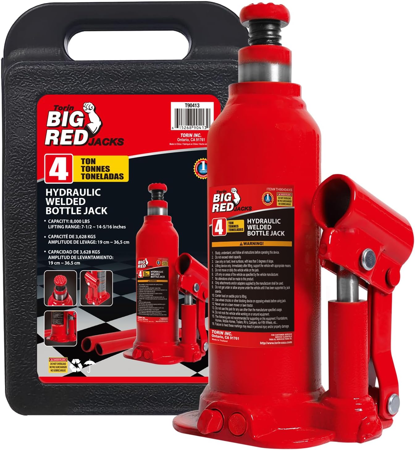 BIG RED Torin T90413 4 Ton Hydraulic Bottle Jack with Carrying Case - 8,000 lb Capacity, Leak-Proof & ASME Certified