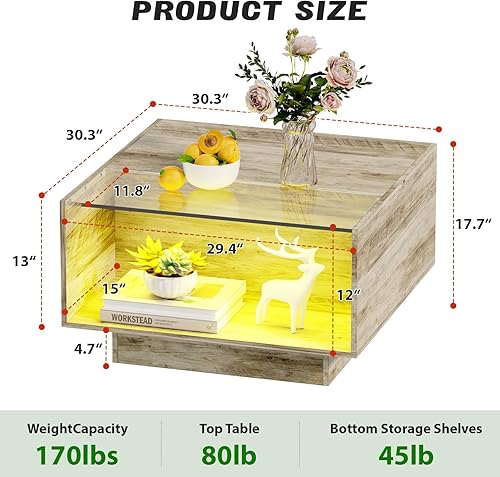 Miniatura 3 de HOME BI Mesa de centro LED única para sala de estar, mesa central con 2 cajones de vidrio de almacenamiento para noche de juegos, 16 colores con