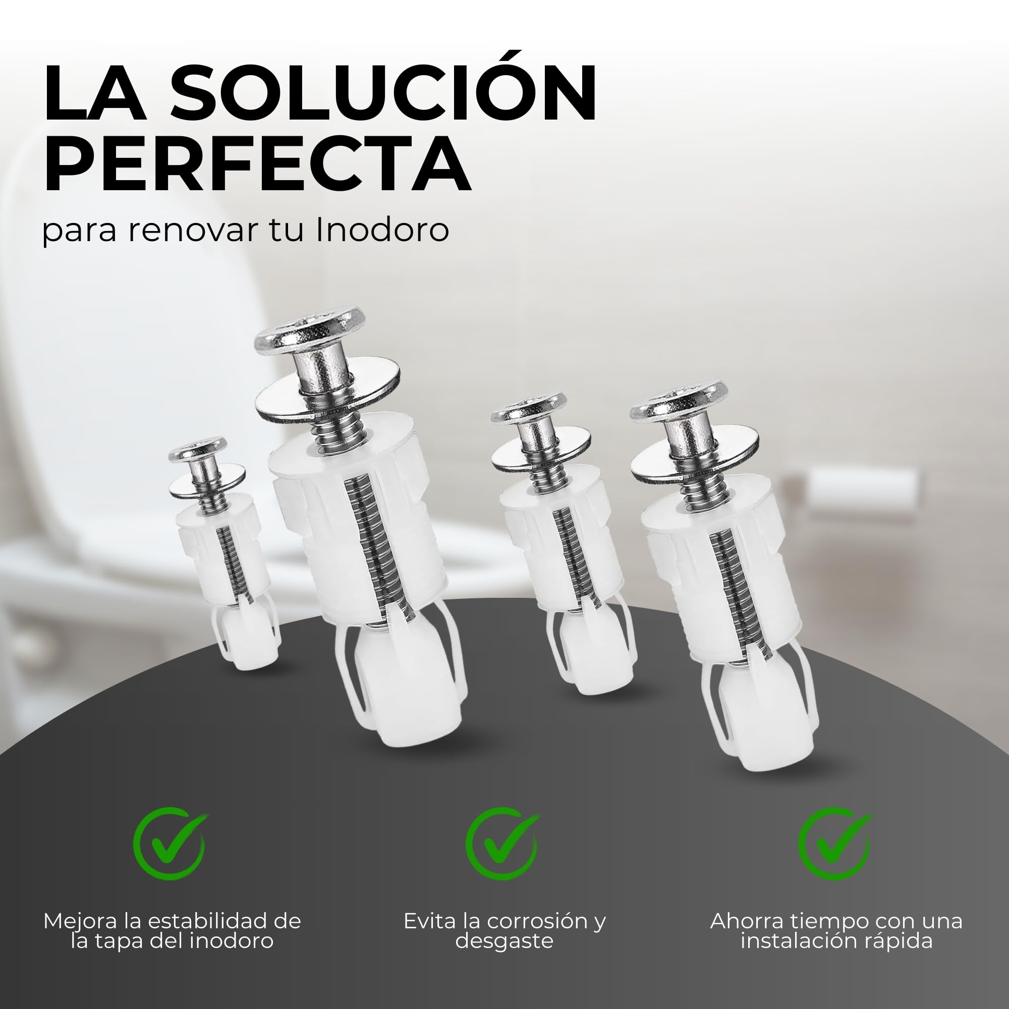 Pack de 4 Tornillos de Nailon para Asiento de Inodoro, Fijaciones Premium para una sujeción firme y duradera. Renueva las Bisagras de tu WC con confianza.