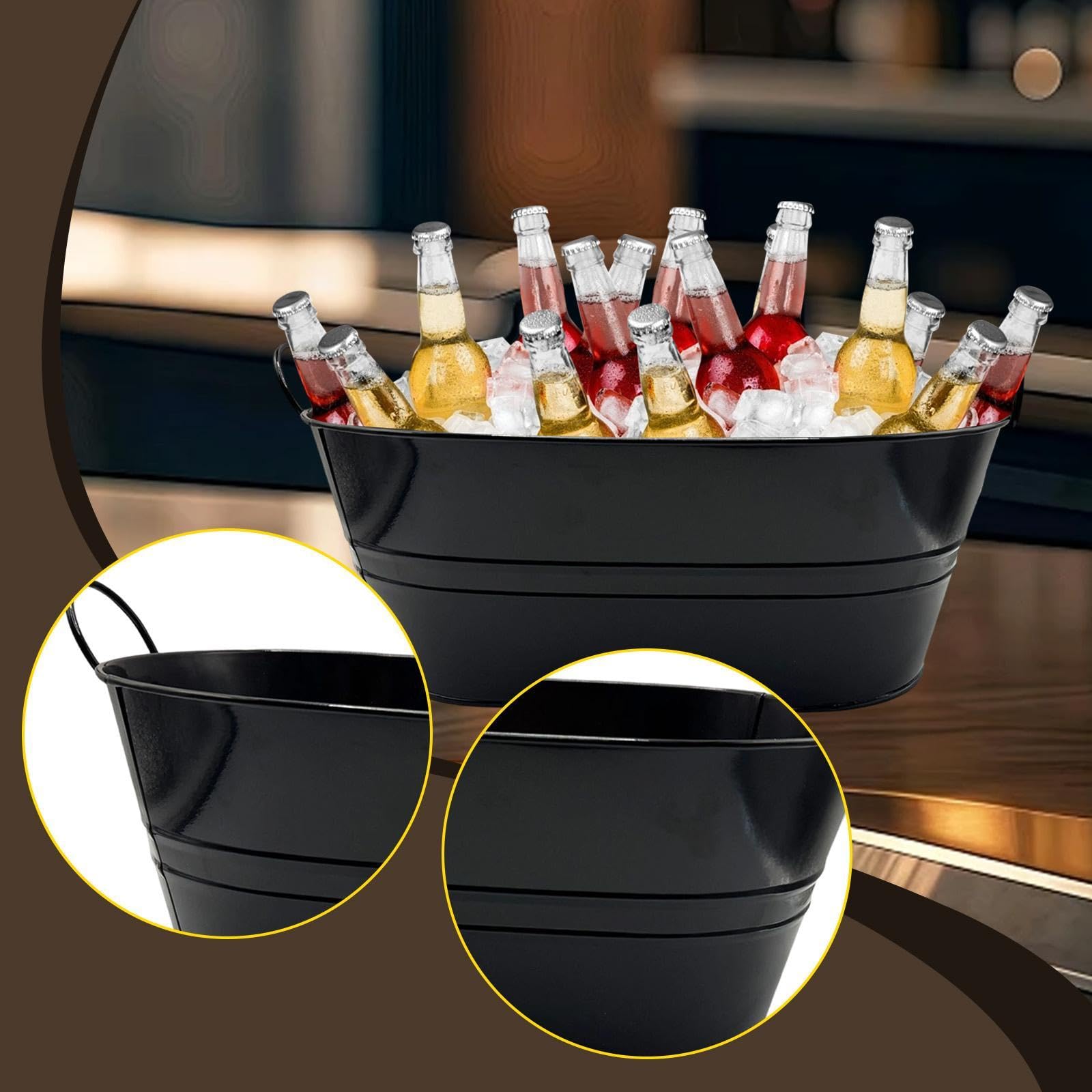 Yajuyi Cubiteras de Hielo, Contenedor Ovalado de Metal con Asas, para Enfriar Cerveza, Vino y Cócteles, Cubitera para Hielo Grande para Fiestas, Casa, Bar, Negro