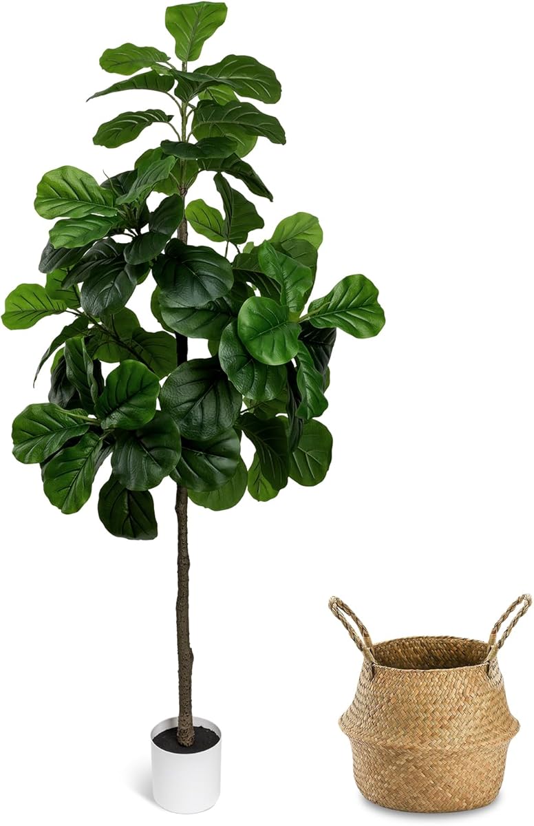 LuceAlberi Artificial Fiddle Leaf Fig Tree 6FT - Large Fake Tree with White Planter&Basket, Tall Faux Ficus Lyrata Tree Floor Plants for Indoor Home Decor Office Living Room Housewarming Gift, 1Pack