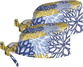 Women Adjustable Working Cap Set 2 with Buttons and Sweatband Spring Floral Blue Yellow Chrysanthemum Flowers Bandage Cap Work Hats Set for Men Caps Tie Back Hats Long Hair