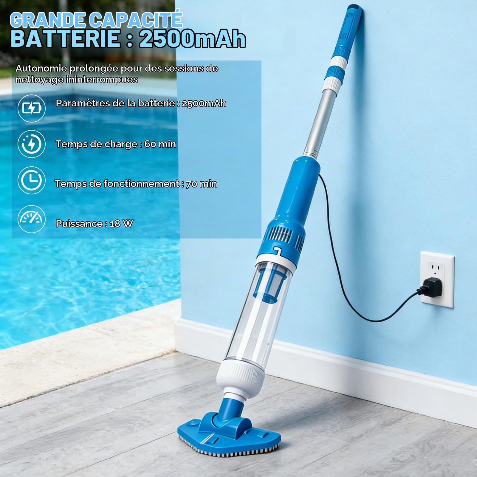 Bostar Aspirateur de piscine 3 en 1 avec batterie avec barre télescopique, 35 l/min, aspirateur à main sans fil avec filtre, aspirateur de sol portable pour petites piscines spa