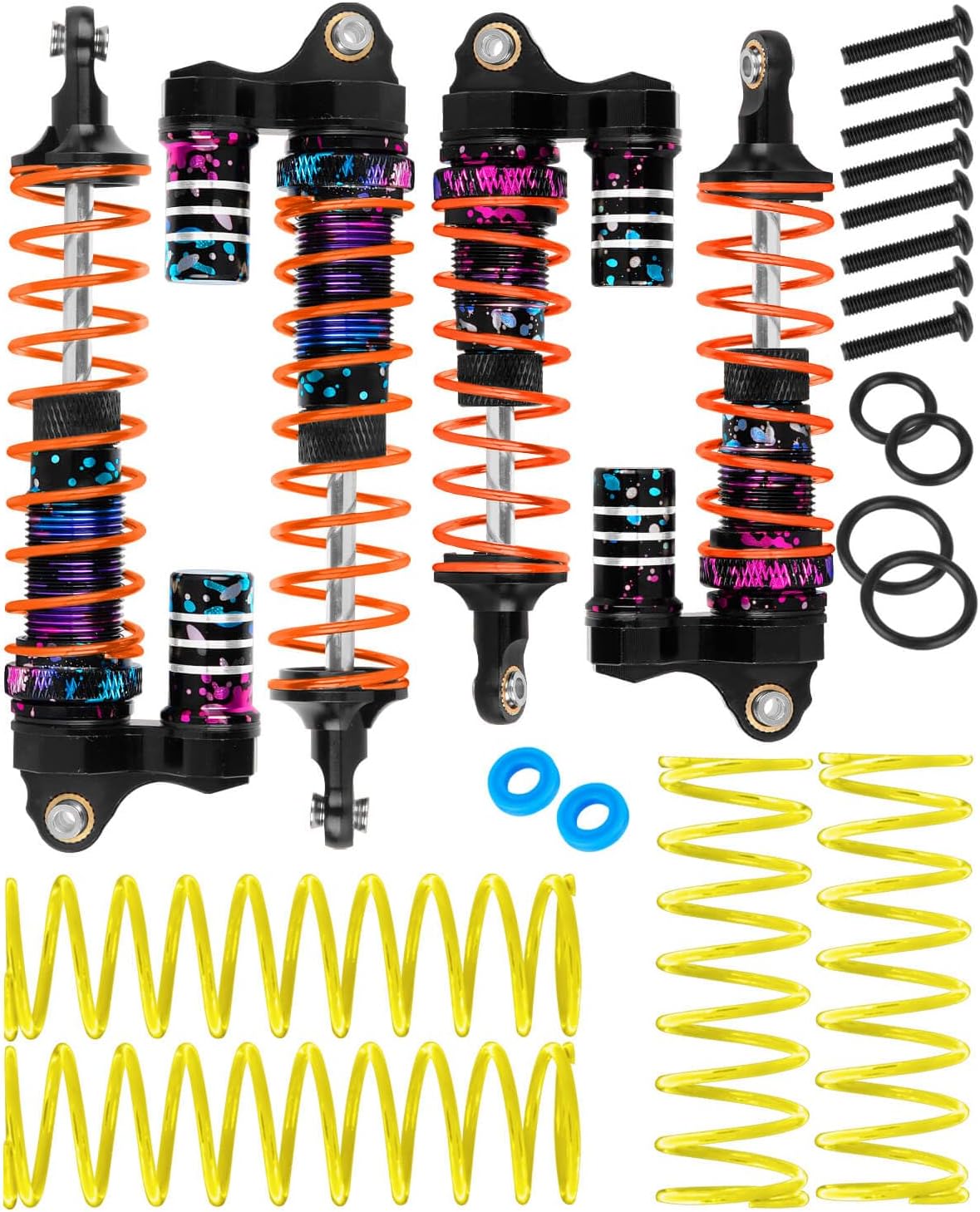 RC Aluminum Front Rear Big Bore RC Shock Absorber Upgrades Part for 1/10 Slash,Stampede,Rustler,Hoss 2WD 4X4 VXL,Alloy 4PCS RC Shocks w/Golden spring.Colorful