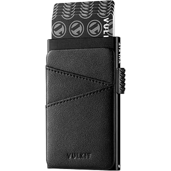VULKIT Credit Card Holder Men's Metal with Leather Compartments Automatic Pop Up Card Holder Men's Slim Card Case RFID NFC Protection Small Card Holder for 5-9 Cards