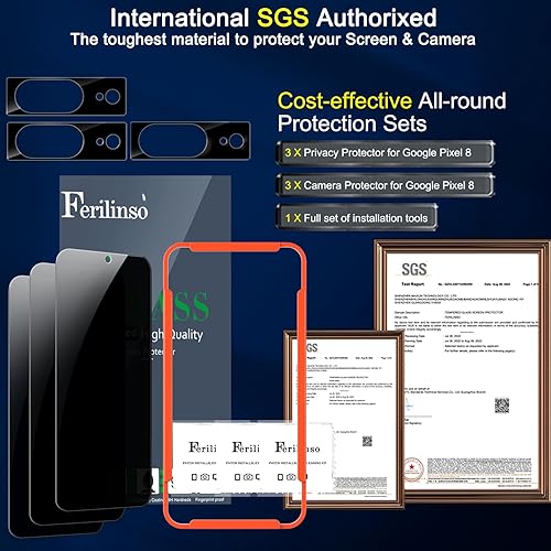 Miniatura 3 de Ferilinso Paquete de 4 protectores de pantalla de privacidad para Google Pixel 8 con 4 protectores de lente de cámara de vidrio templado, accesorios