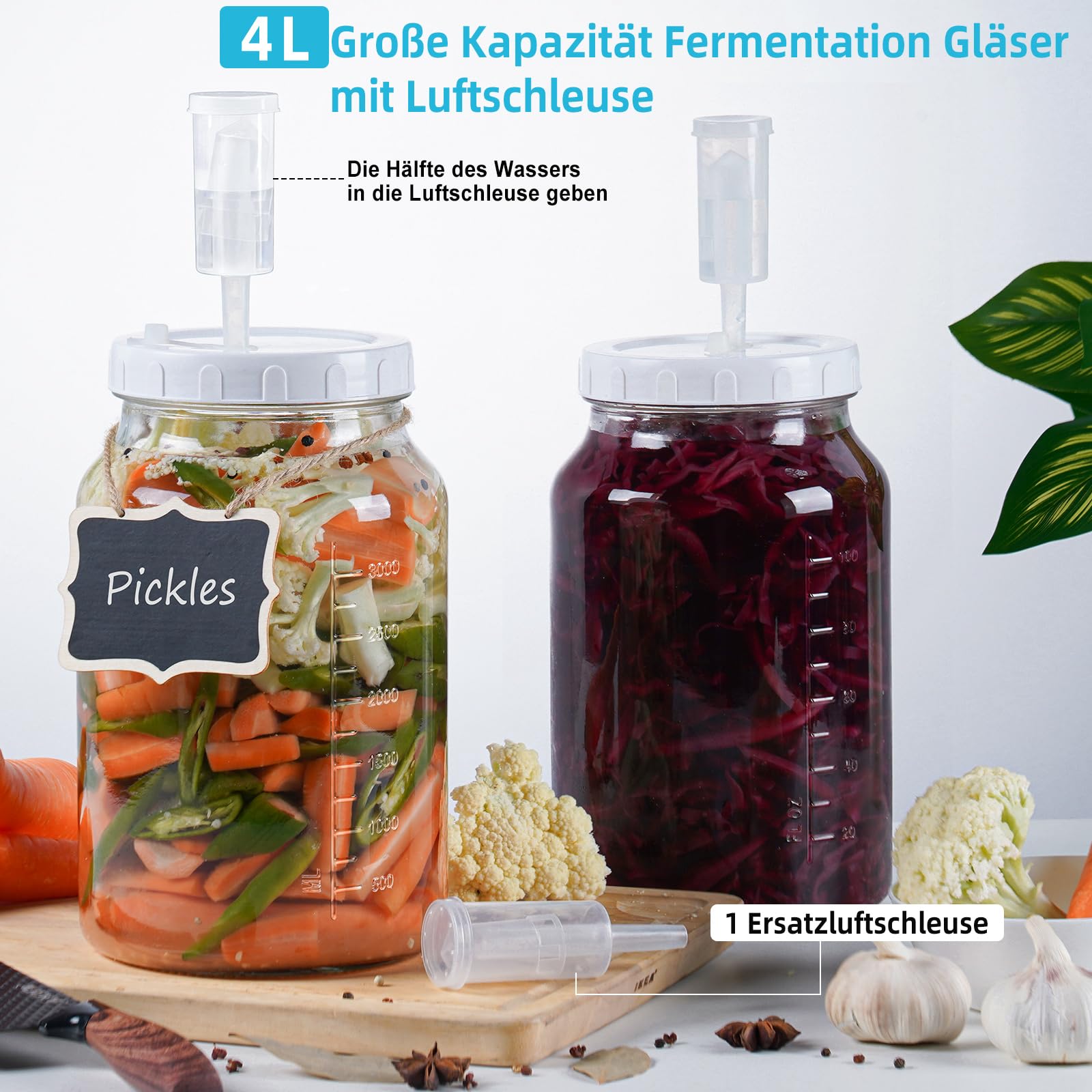 Groß Fermentierglas 4 Liter mit Luftschleuse - Breiter Mund Fermentier Set für Kimchi Sauerkraut Kefir
