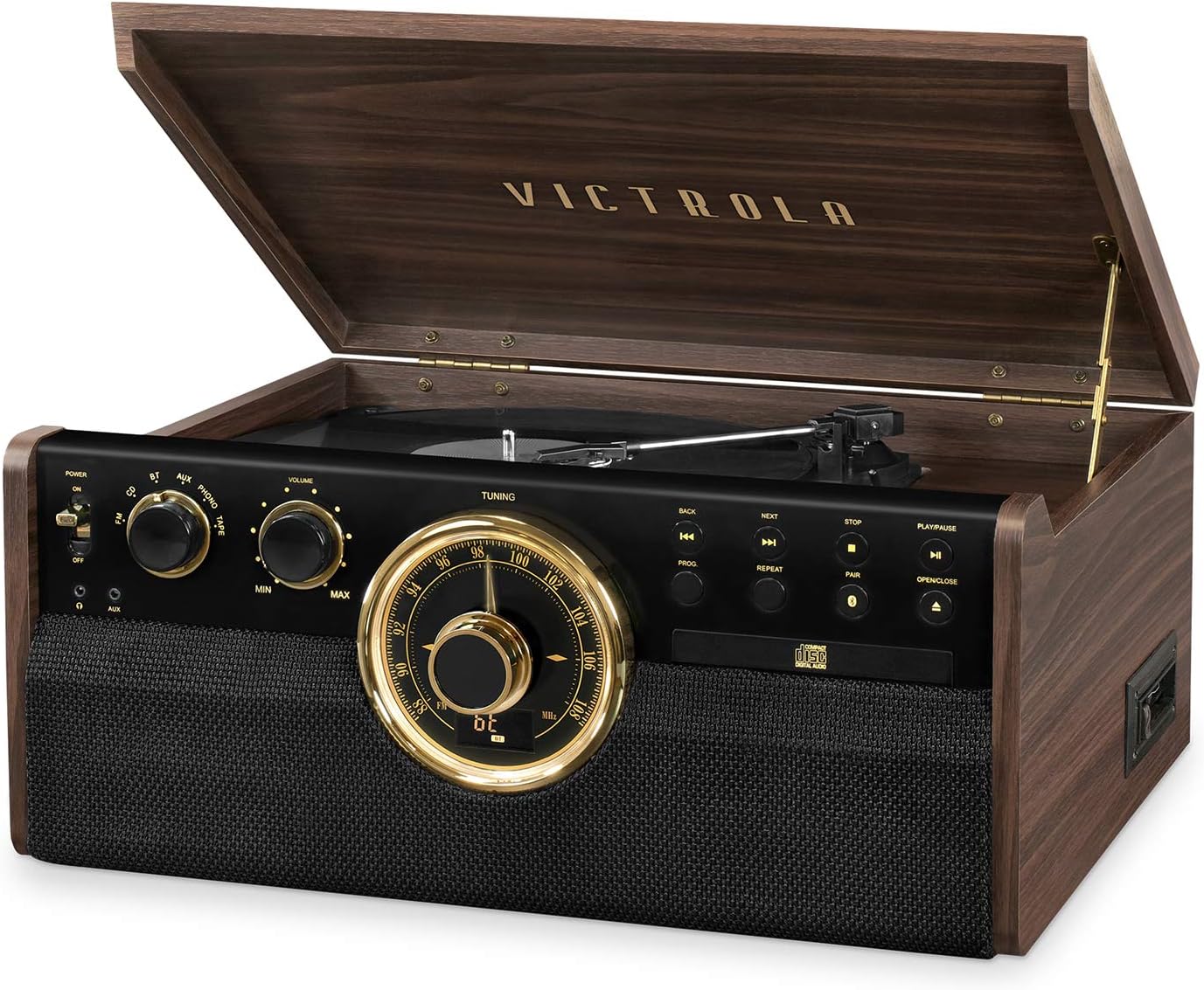 Empire - Wood 6-in-1 Bluetooth Record Player - Espresso | Mid-century wood music center plays vinyl, CD, cassette, FM radio and aux, built-in stereo speakers, RCA out, headphone jack