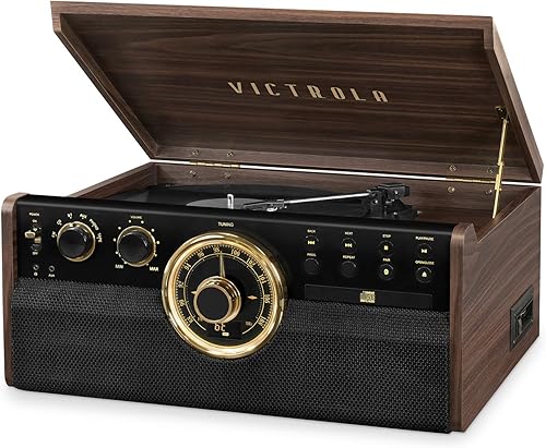 Victrola The Empire Mid-Century - Tocadiscos y centro multimedia 6 en 1 con altavoces incorporados, 3 velocidades, conectividad Bluetooth, radio,