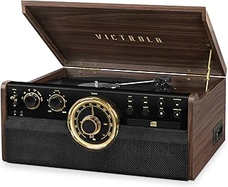 Victrola Empire Mid-Century 6-in-1 Turntable with 3 Speed Record Player, Bluetooth Connectivity, Radio, Cassette and CD Player (Espresso)
